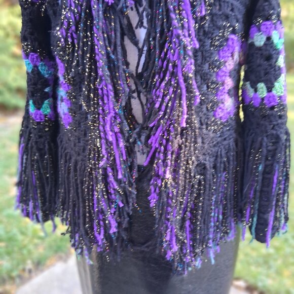 Granny Square Super Fringe Black Purple Greens L/XL - Picture 8 of 12